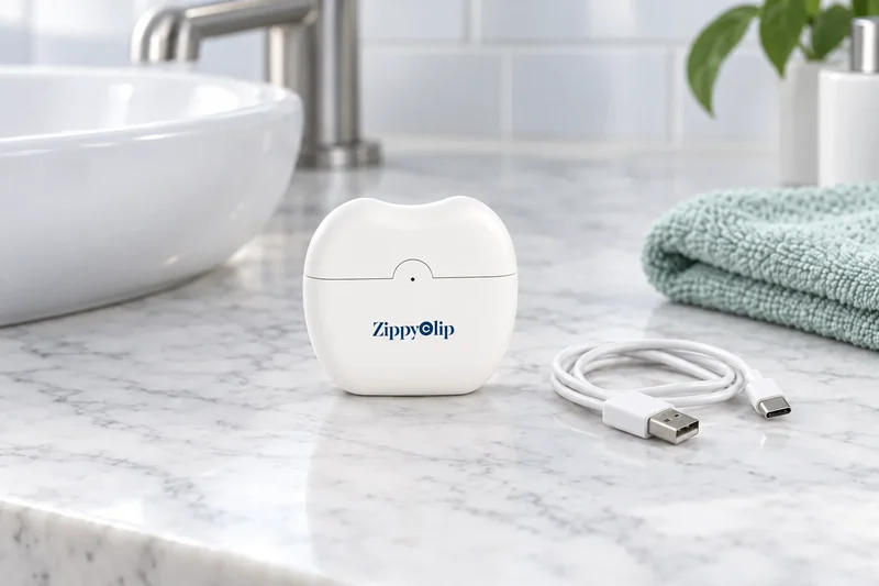 A white egg-shaped electric nail trimmer with a USB cable beside it and a mint towel behind