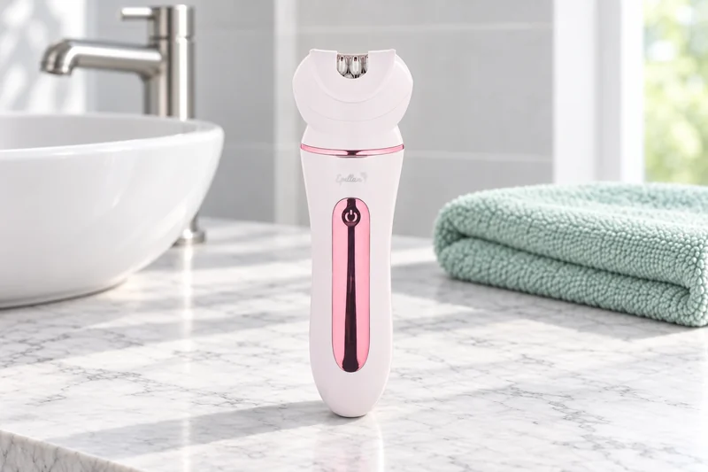 A white epilator standing on its base with a spare shaver head in front, a mint towel and a cotton jar behind