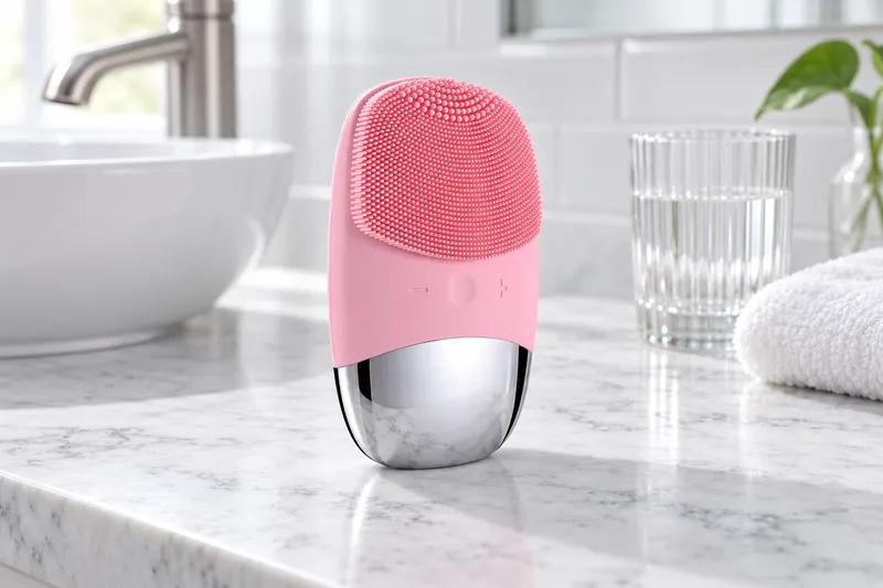 A mint green silicone cleansing brush standing on a marble counter beside a glass of water