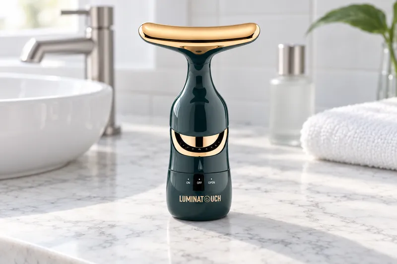 A white facial massager with a brushed steel head standing beside a small serum bottle and a folded white towel