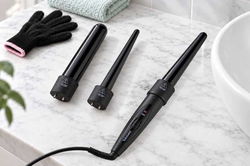 A black conical curling wand on a mint towel with two spare barrels and a heat-proof glove beside it