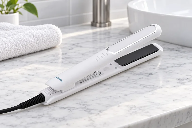 A white hair straightener standing upright on a folded grey heat mat with its plates open, a round mirror behind