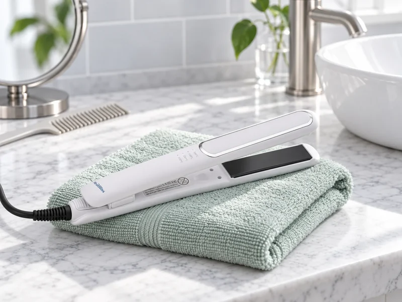 The HeatBliss white hair straightener resting on a folded mint towel with a comb and a round mirror behind