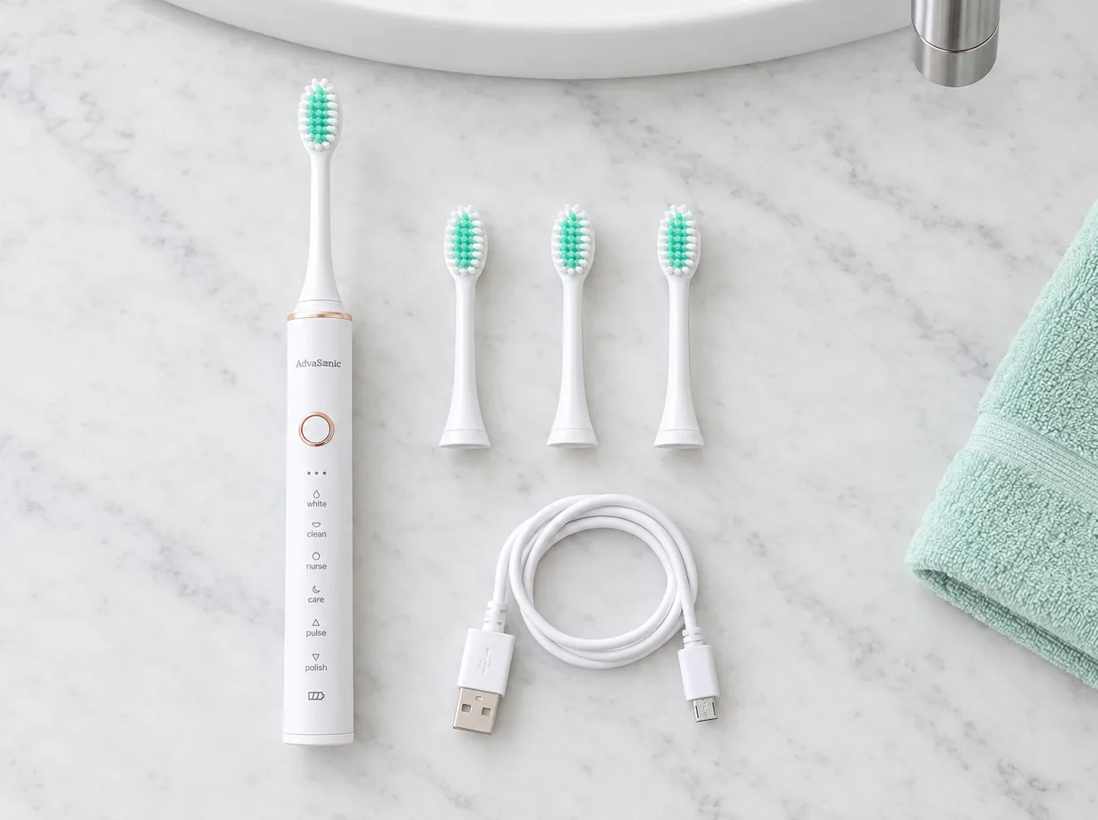 The AdvaSonic kit from above on a marble counter: the handle, three spare heads, the coiled cable and a folded mint towel