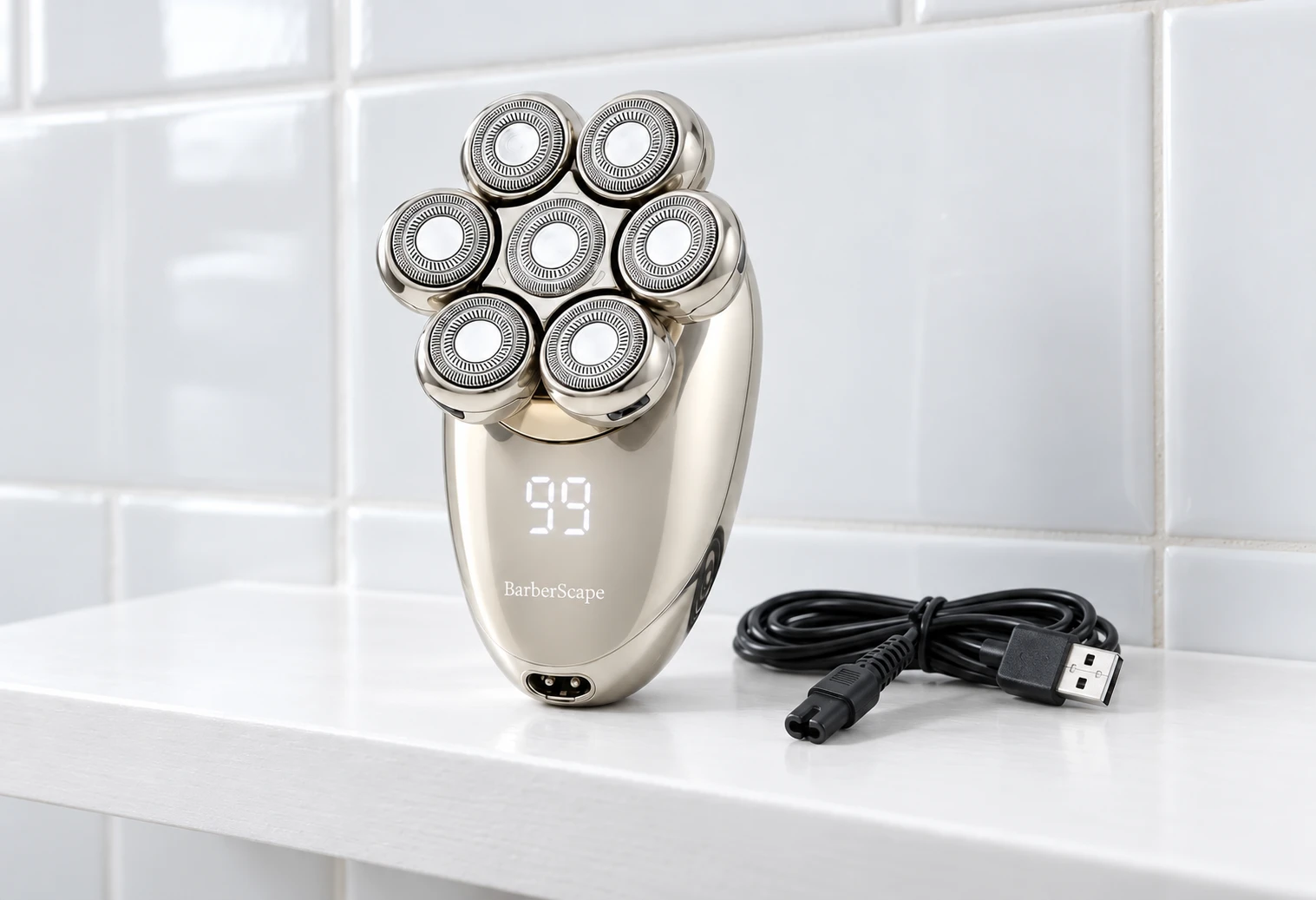 The chrome BarberScape shaver standing on a white bathroom shelf beside its coiled black charging cable