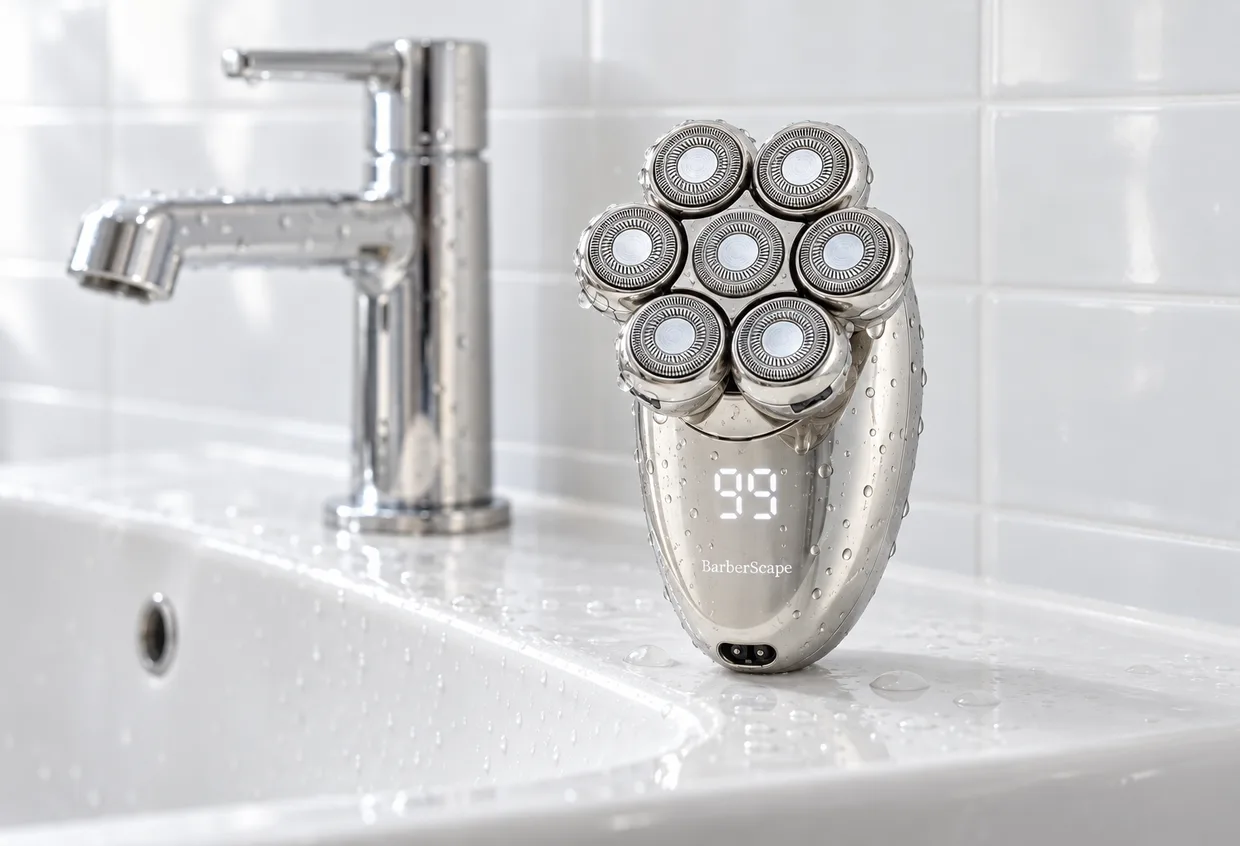 The BarberScape shaver beaded with water, standing on the rim of a white basin under a chrome tap