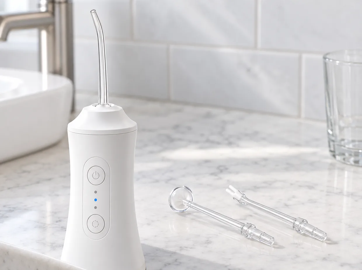 The head end of the BetterFloss Pro with its fitted nozzle, two spare nozzles lying on the marble beside it and a glass