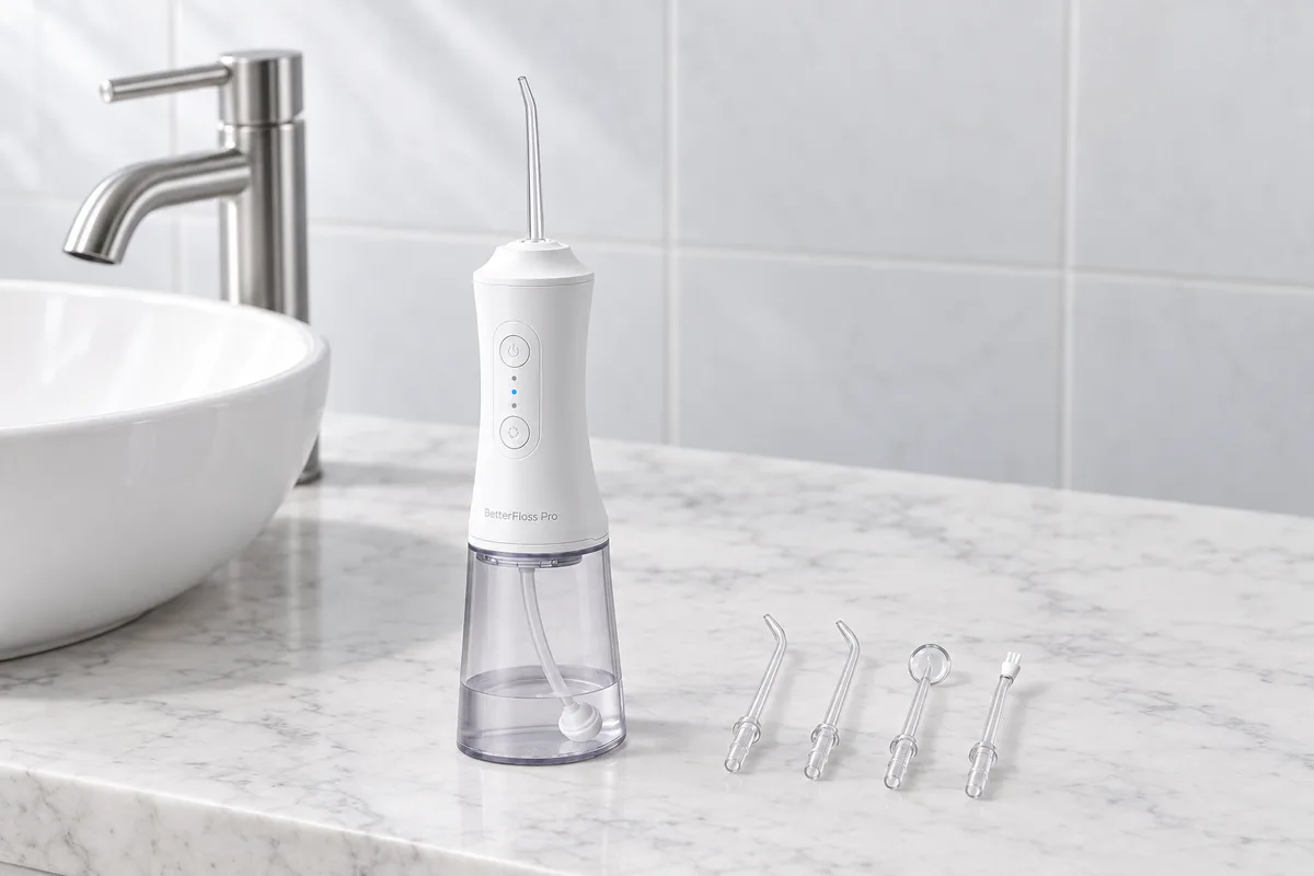 The BetterFloss Pro standing on the marble counter beside the basin, its four spare nozzles standing in a row next to it