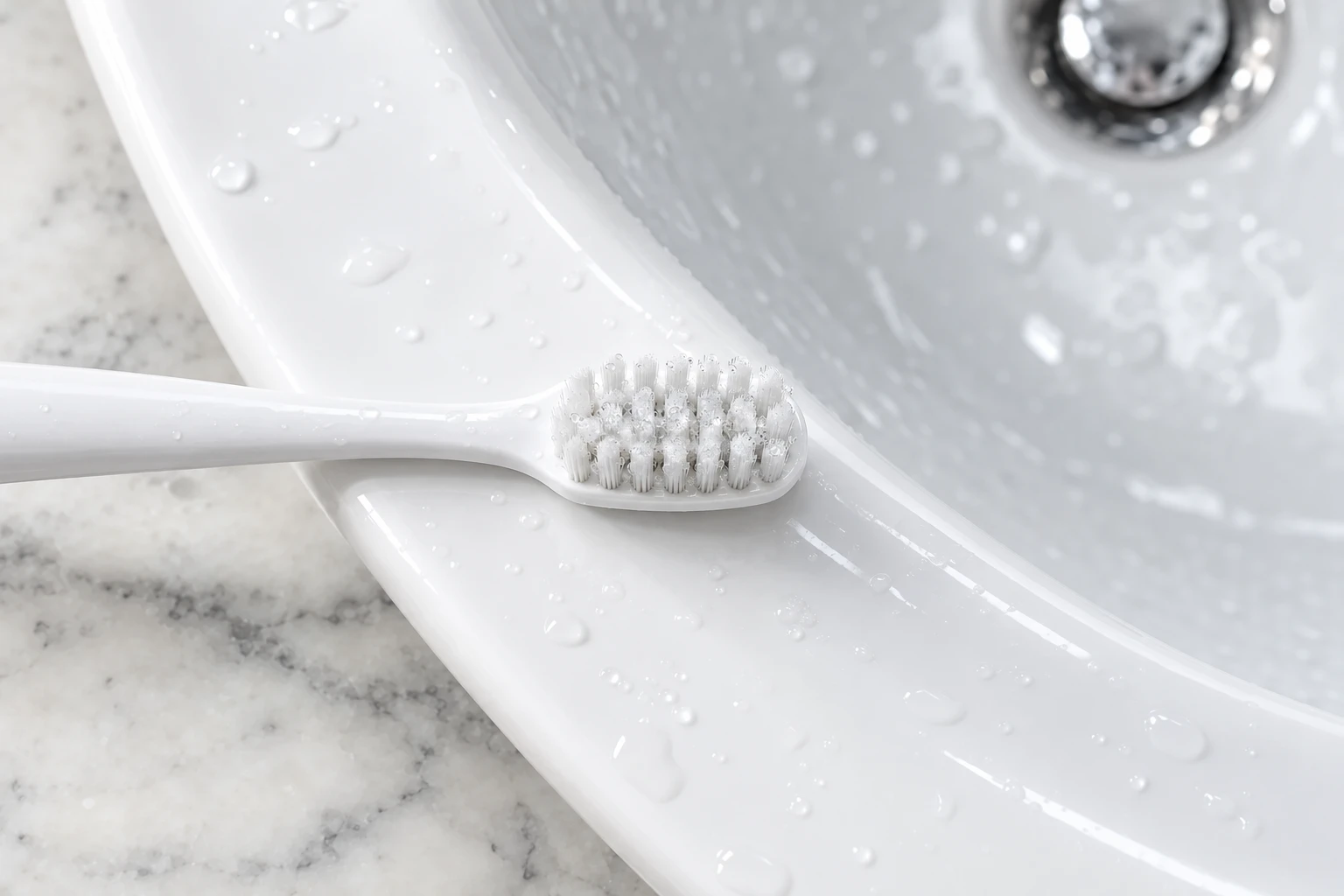 Close view of a wet toothbrush head on the rim of a white basin, before it goes into the BrushSan