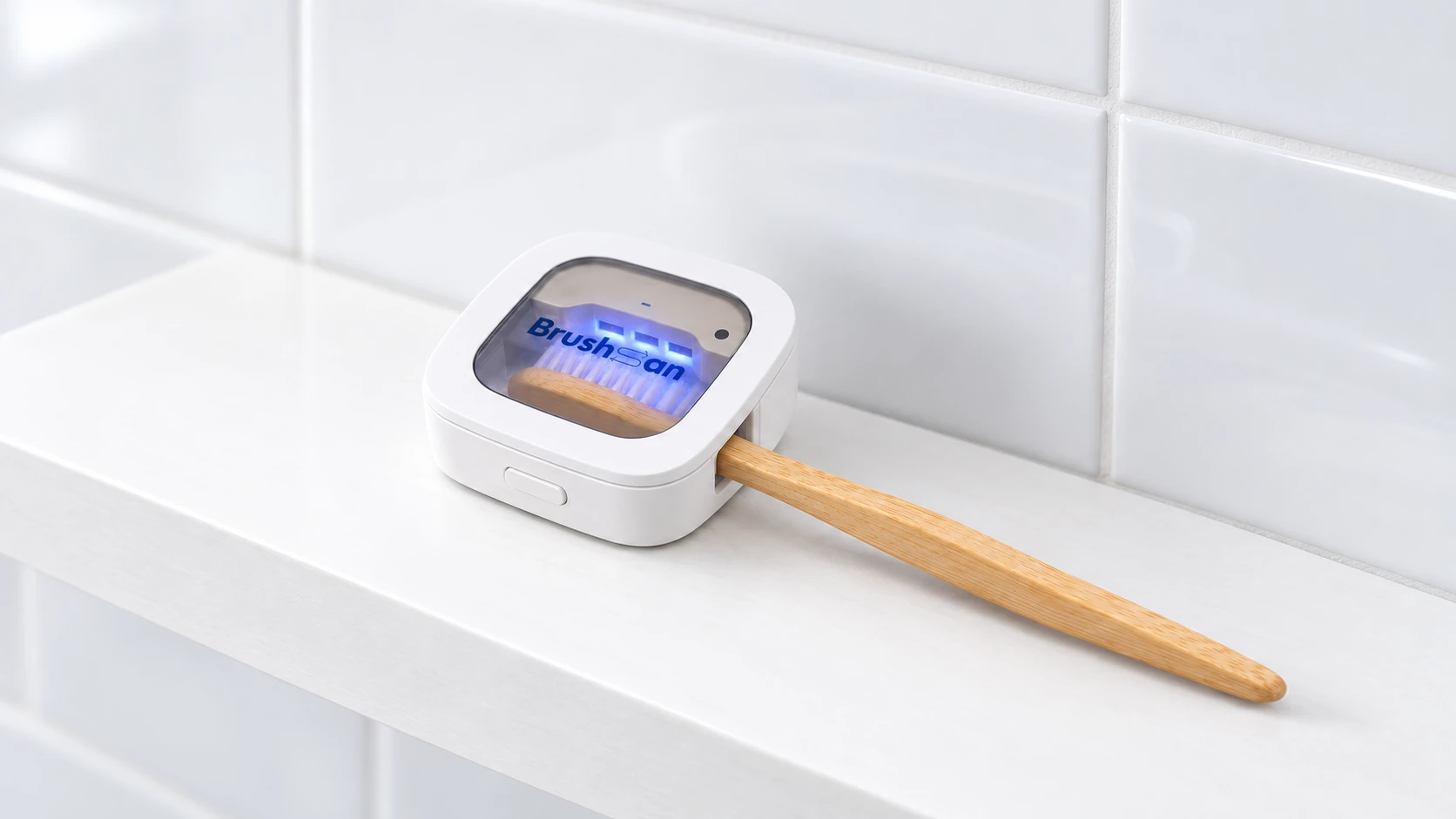 The BrushSan case closed on a white bathroom shelf, a toothbrush inside and the lid window lit blue