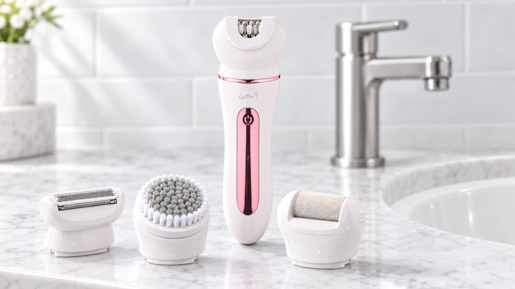 The Epillax handset standing on a marble counter by the tap, the brush head and the callus head beside it