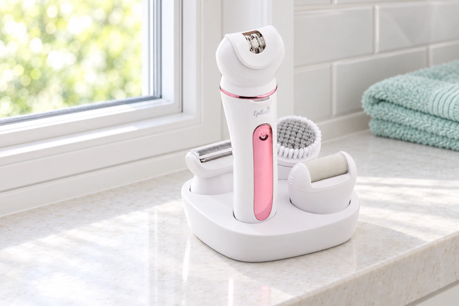 The Epillax handset in its stand on a window sill with three spare heads, the white cable and the cleaning brush