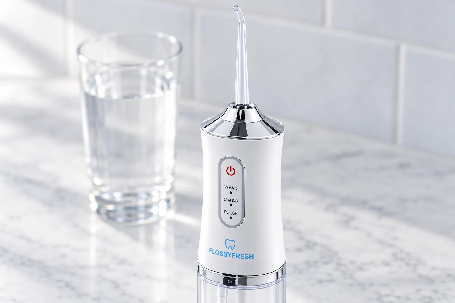 The FlossyFresh water flosser standing on a marble counter in front of a glass of water