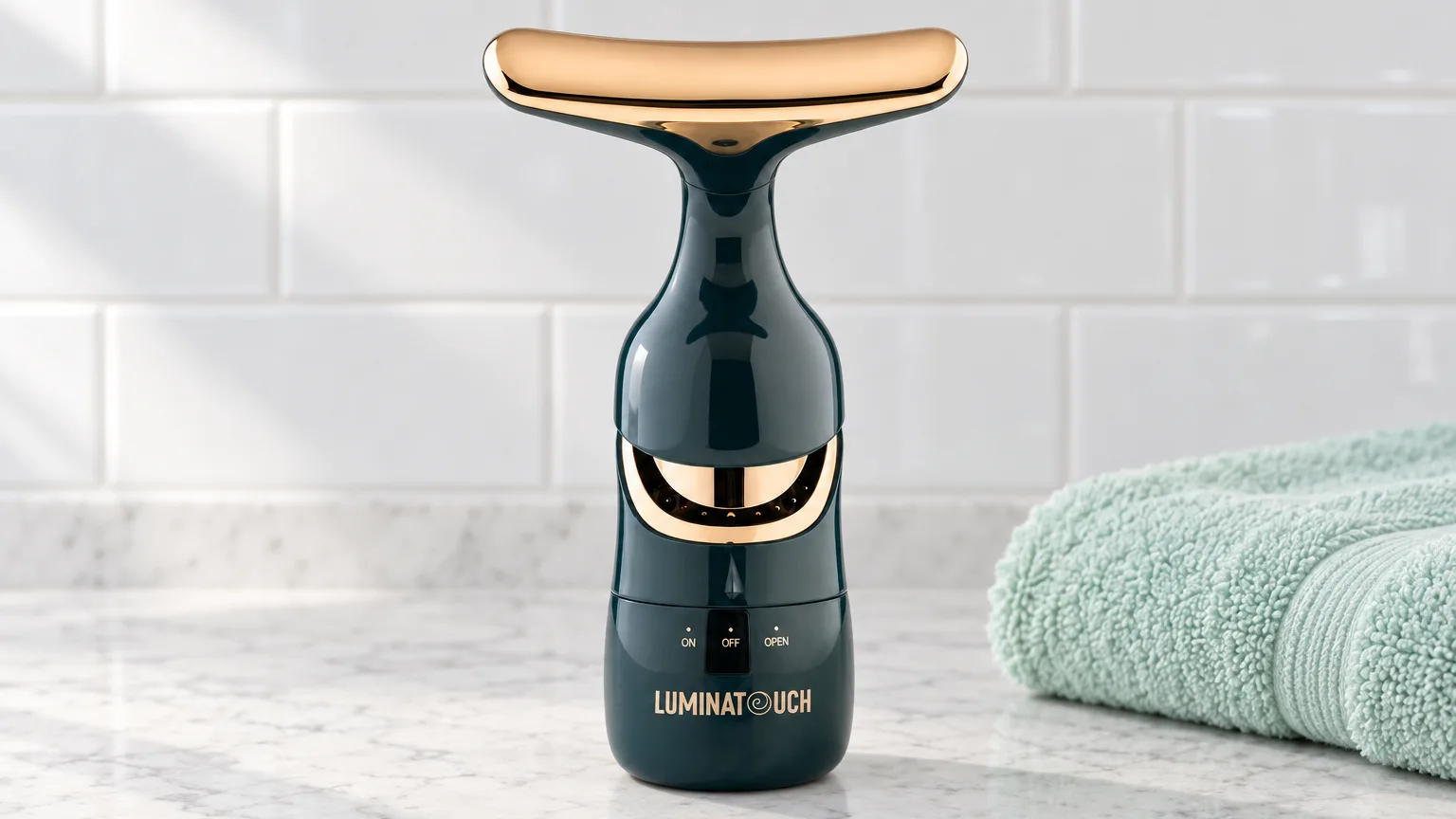 The LuminaTouch facial massager standing upright on a marble counter beside a folded mint towel