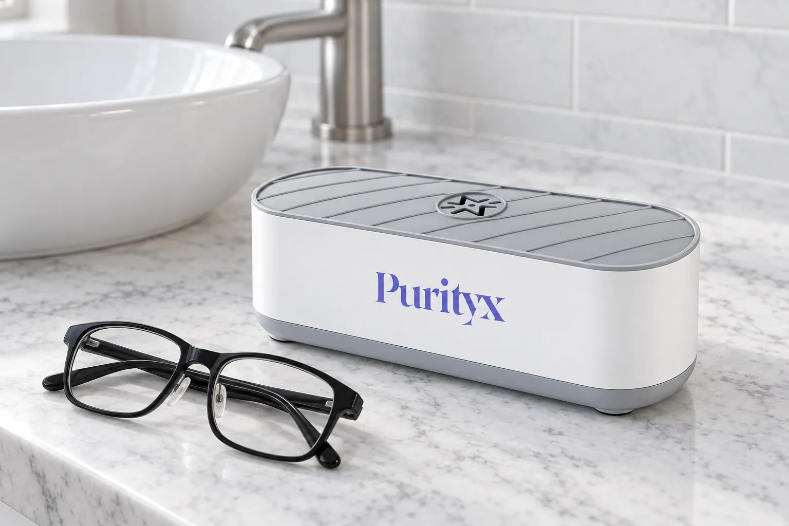 The PurityX cleaner closed on a marble counter beside the basin, a folded pair of black framed glasses in front of it