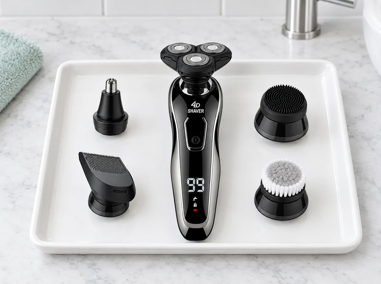 The ShiftShave shaver on a white tray seen from above, its four attachments laid out around it on a marble counter