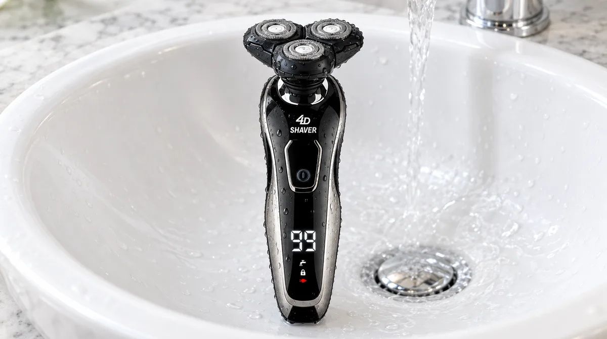 The ShiftShave shaver standing wet inside a white basin under the running tap, beside the drain