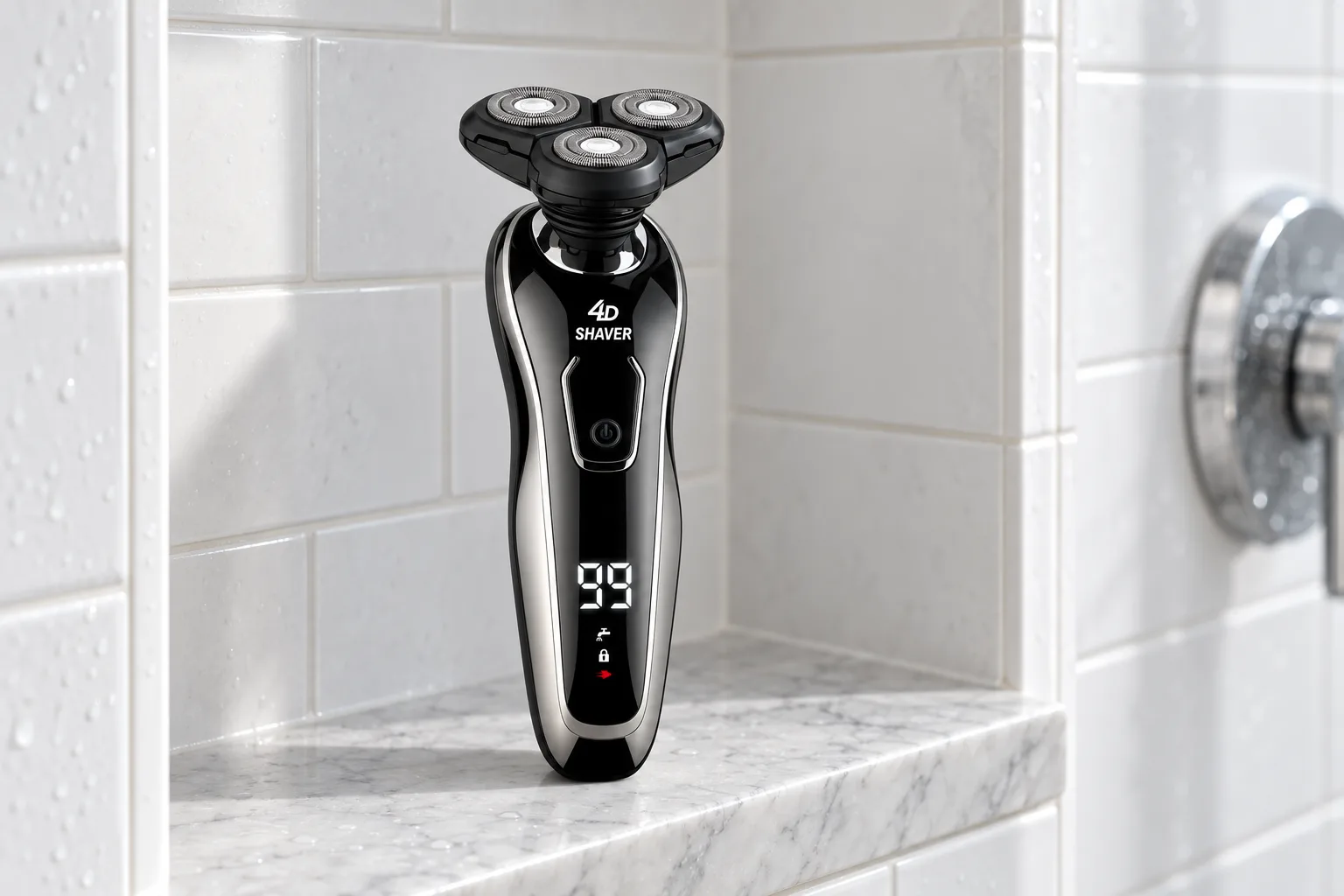 The ShiftShave shaver standing alone on the marble shelf of a white tiled shower niche