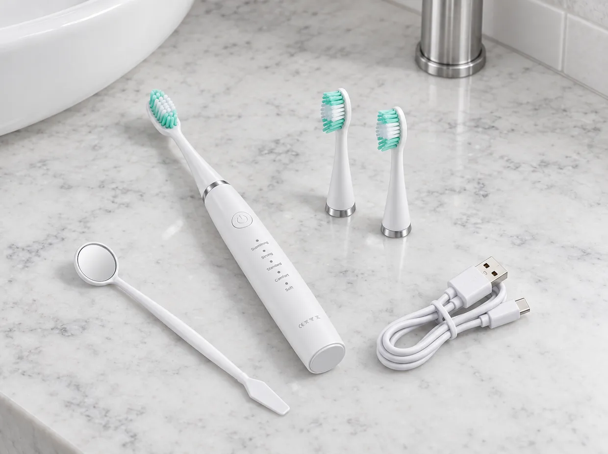 The SonicScale kit on a marble counter: the handle, two spare heads, the dental mirror and the USB cable