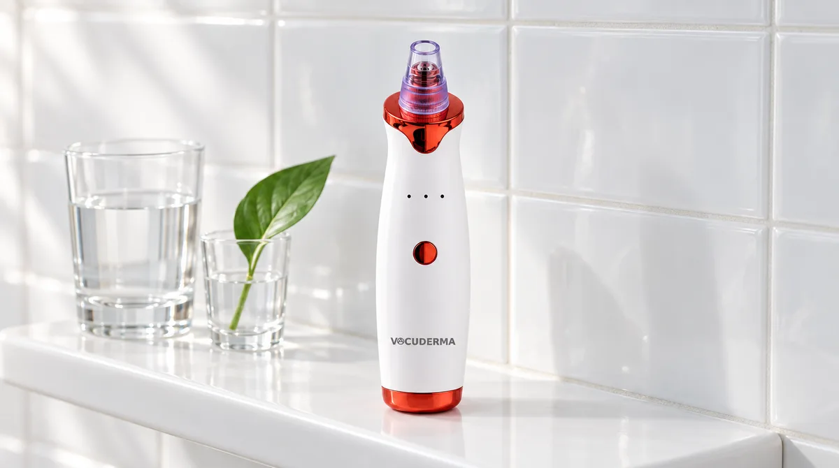 The VacuDerma standing on a white bathroom shelf beside a glass of water and a leaf in a small glass