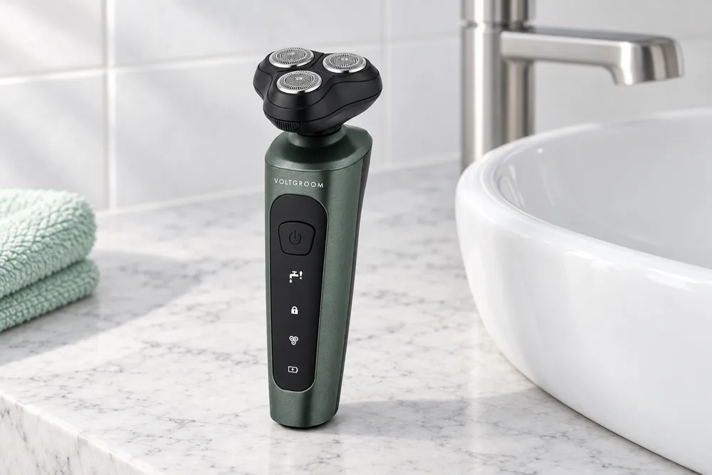The dark green VoltGroom shaver standing on a marble counter by the basin and tap, a folded mint towel beside it