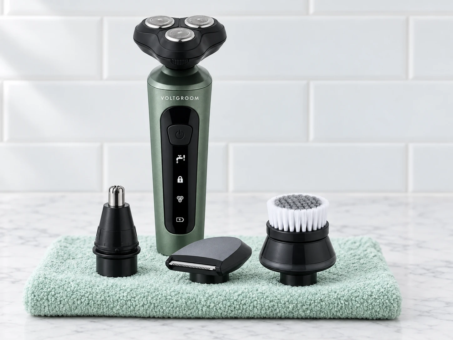 The VoltGroom shaver on a folded mint towel, its nose trimmer, razor head and soft brush laid out in front