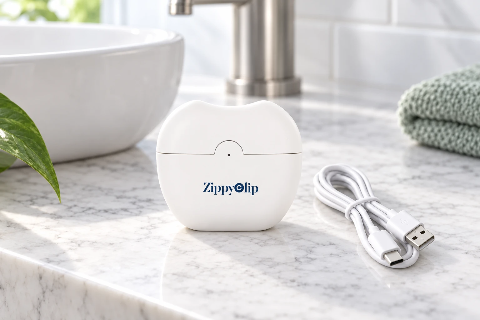 The ZippyClip nail trimmer standing on a marble counter beside its white USB cable