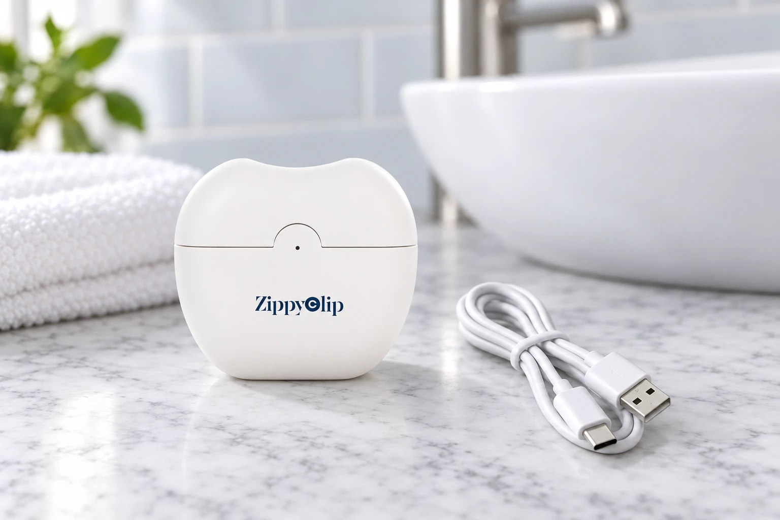 The ZippyClip nail trimmer standing on a marble counter beside a glass of water, a folded white towel in front