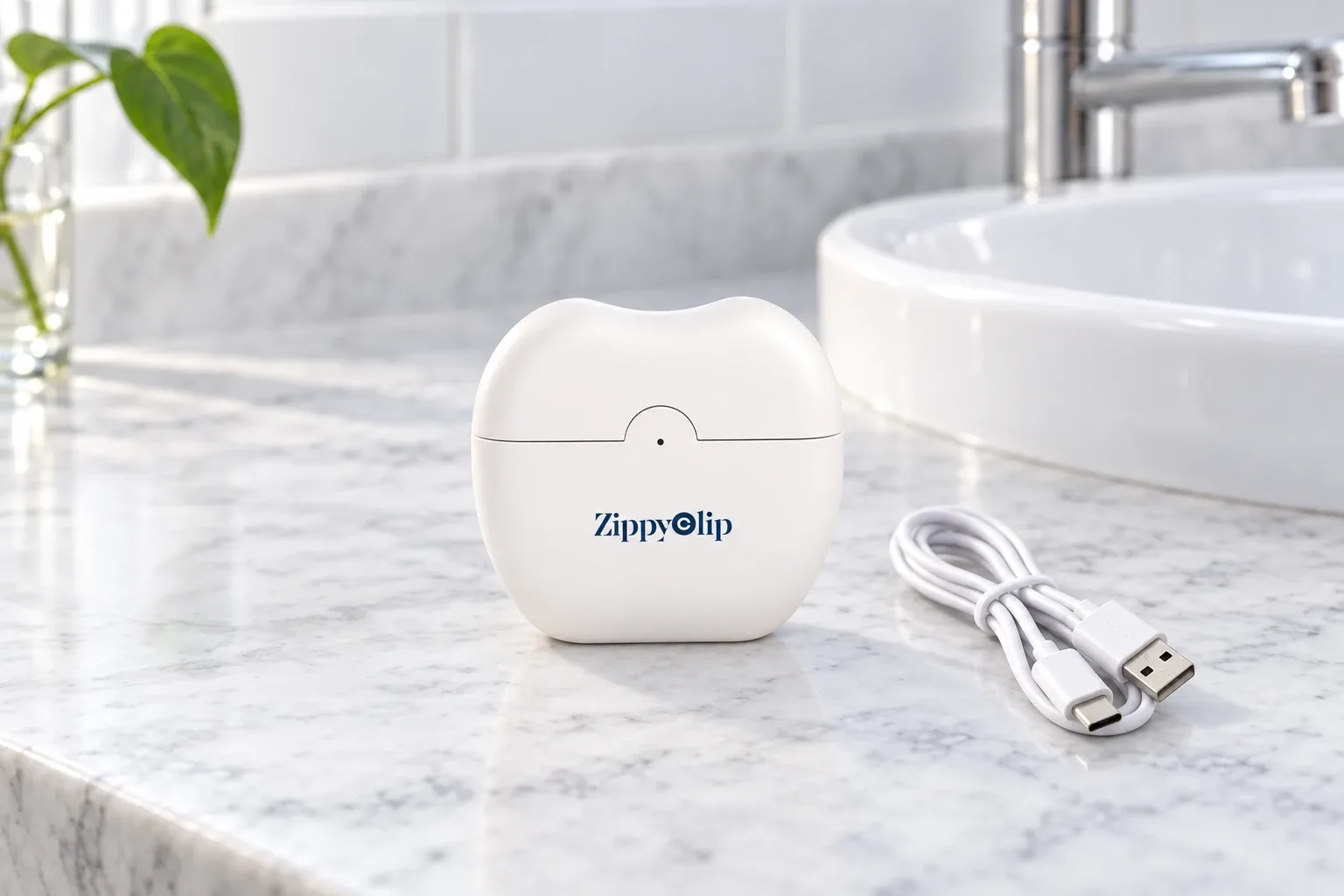 The ZippyClip electric nail trimmer beside its cable on a marble counter