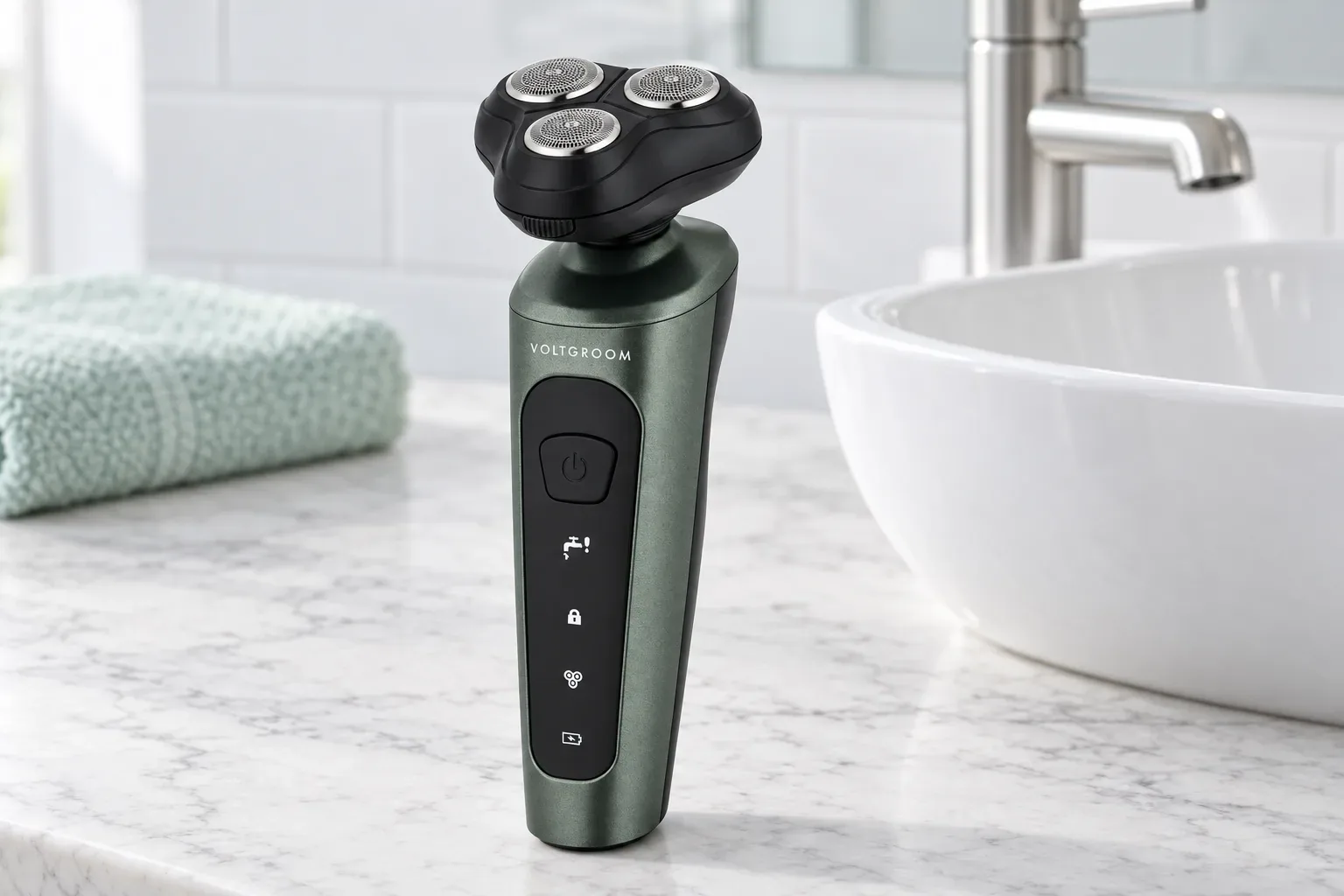 The VoltGroom electric shaver standing on a marble counter