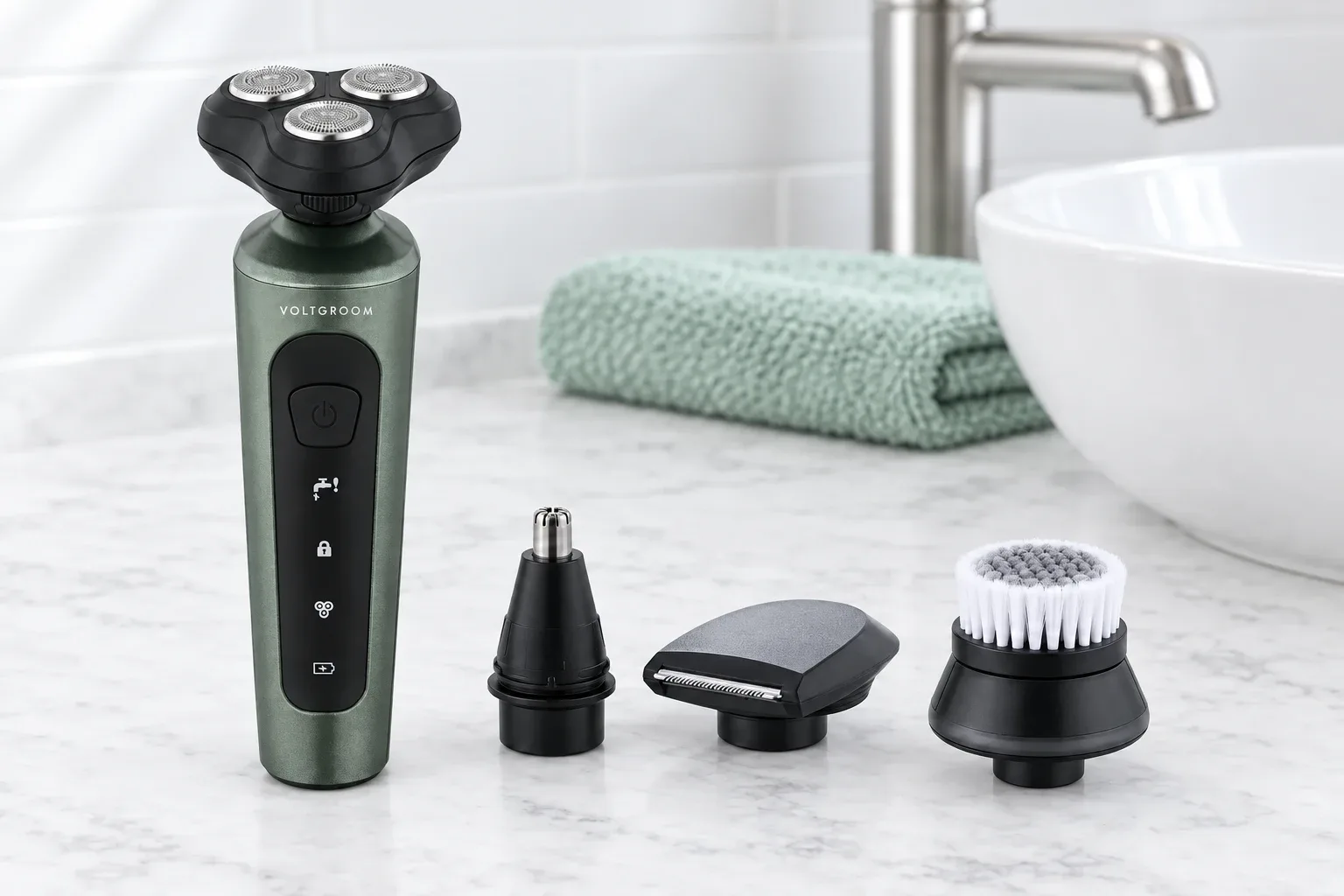 The VoltGroom shaver and its attachments on a marble counter