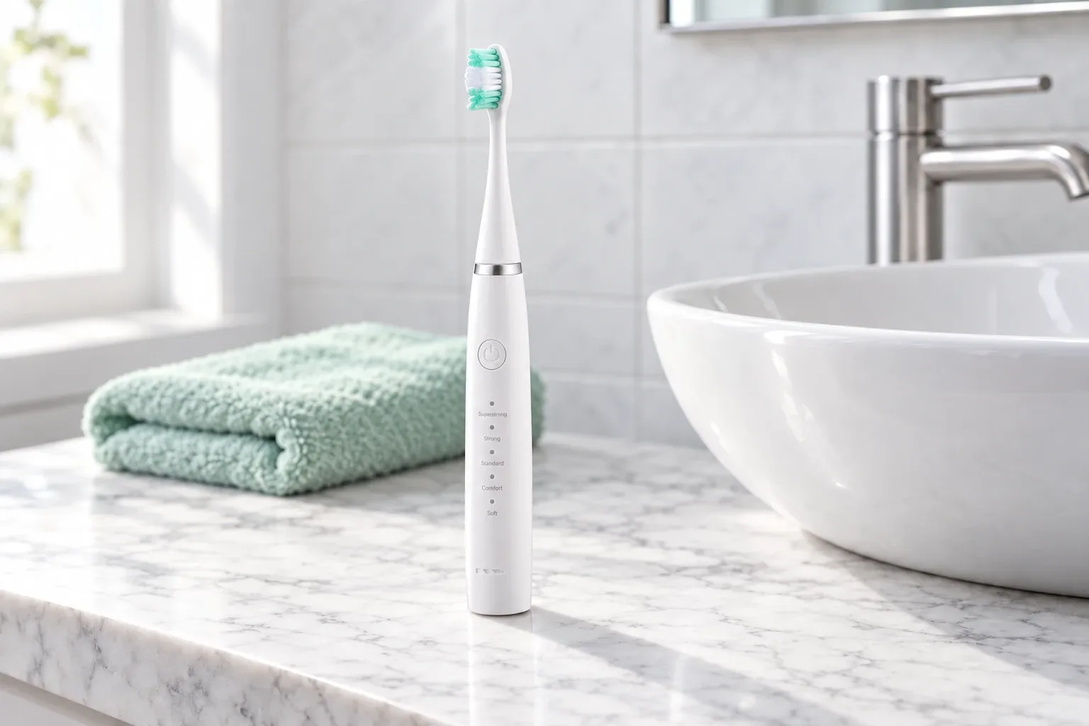The SonicScale ultrasonic cleaner standing in a glass on a marble counter