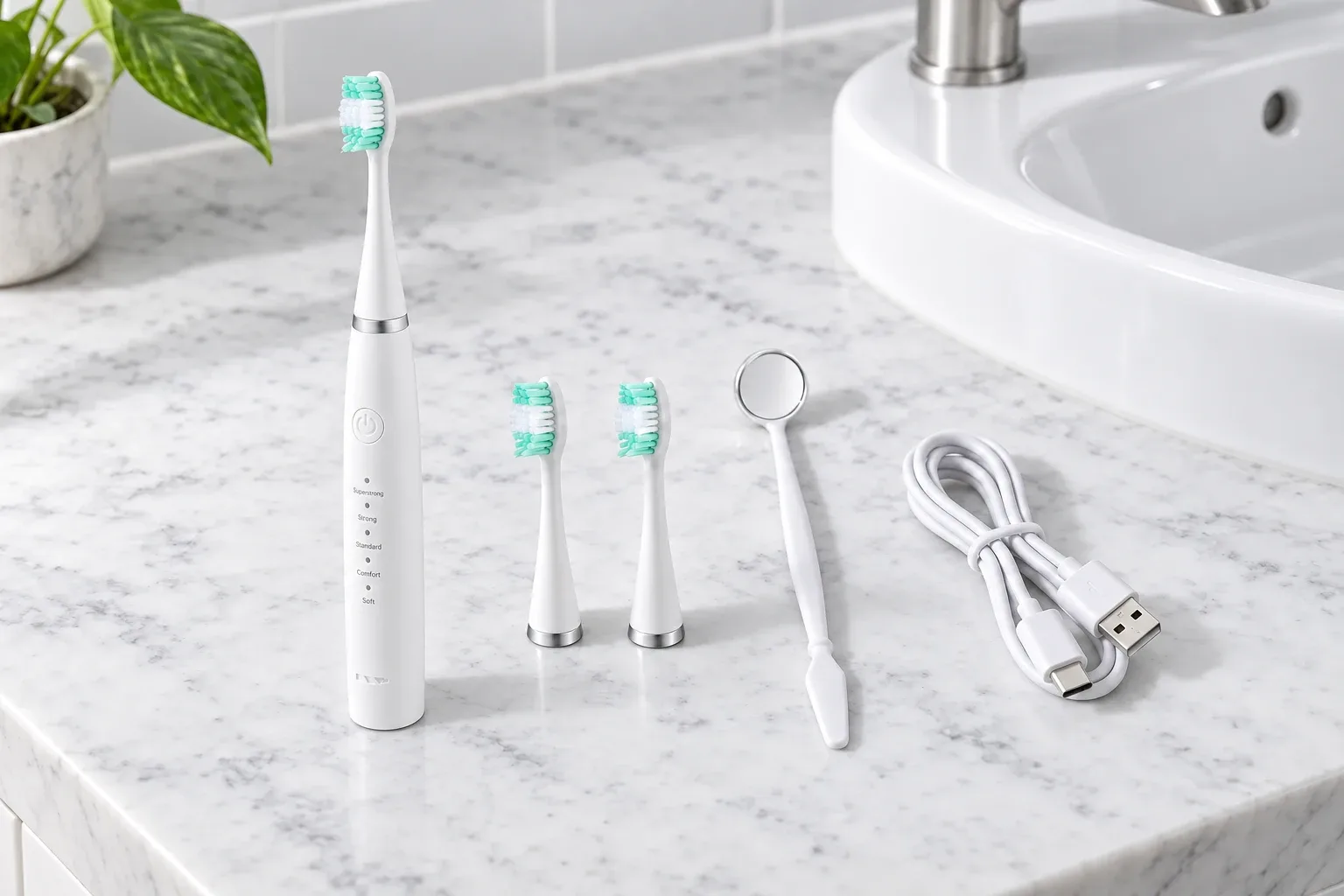The SonicScale kit laid out on a marble counter