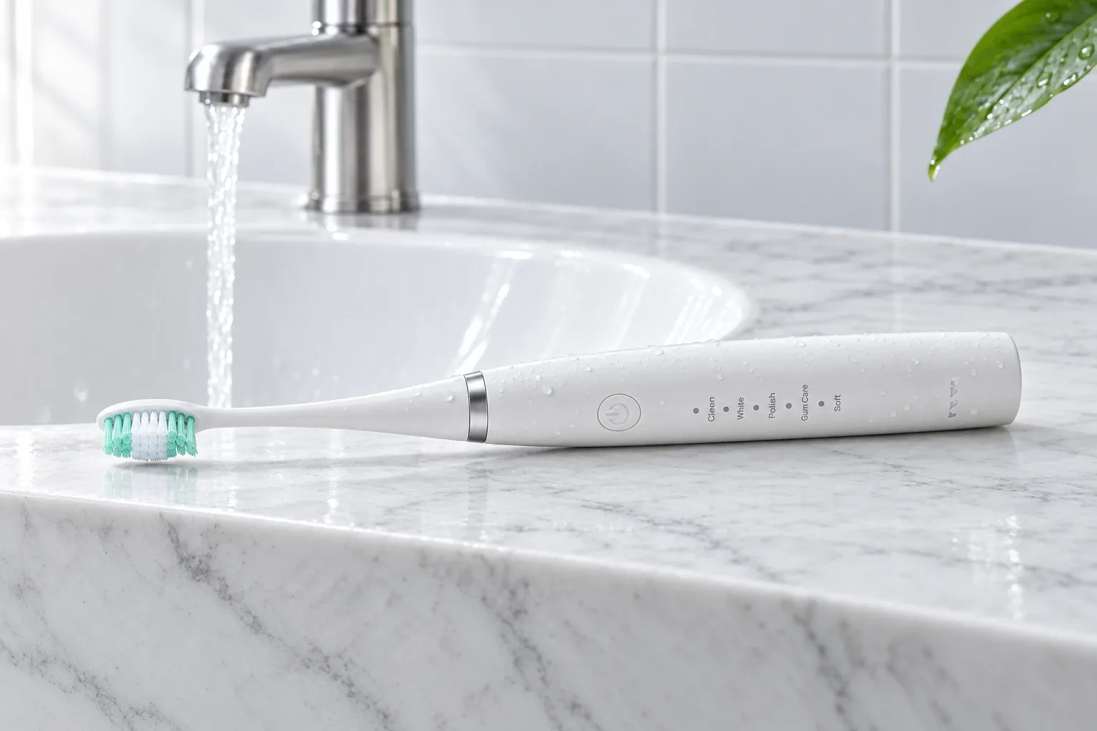 The SonicScale lying wet on the rim of a white basin beside a running tap