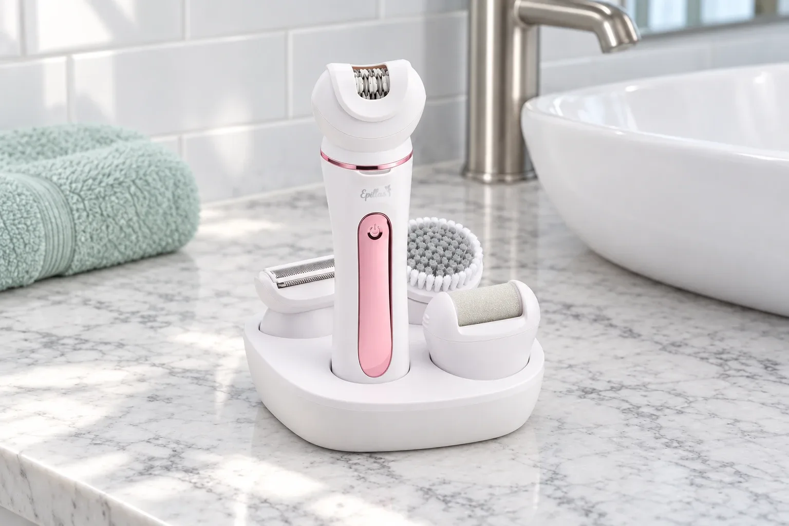 The Epillax epilator on its charging stand with its spare heads on a marble counter