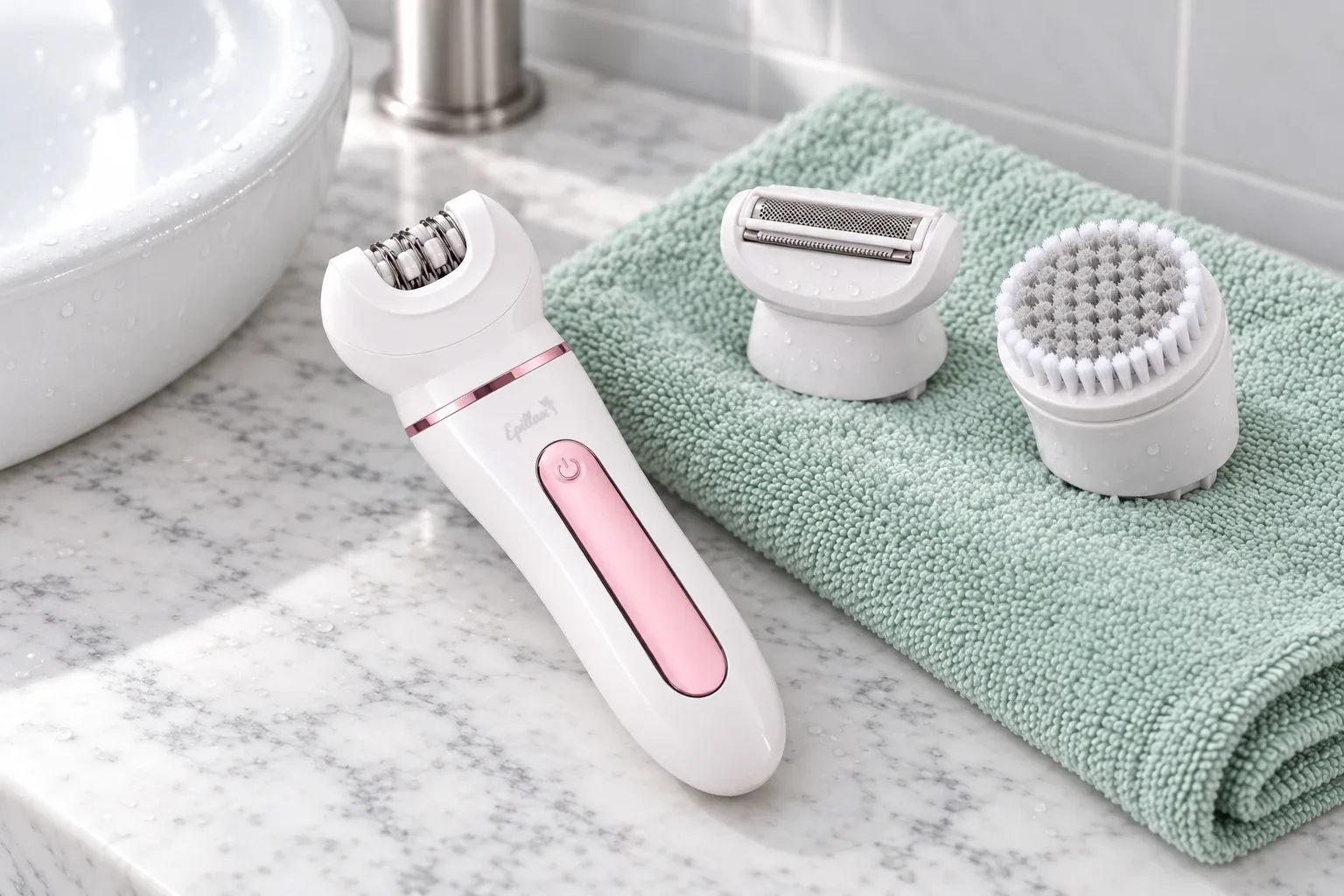 The Epillax handset beside two rinsed heads on a mint towel
