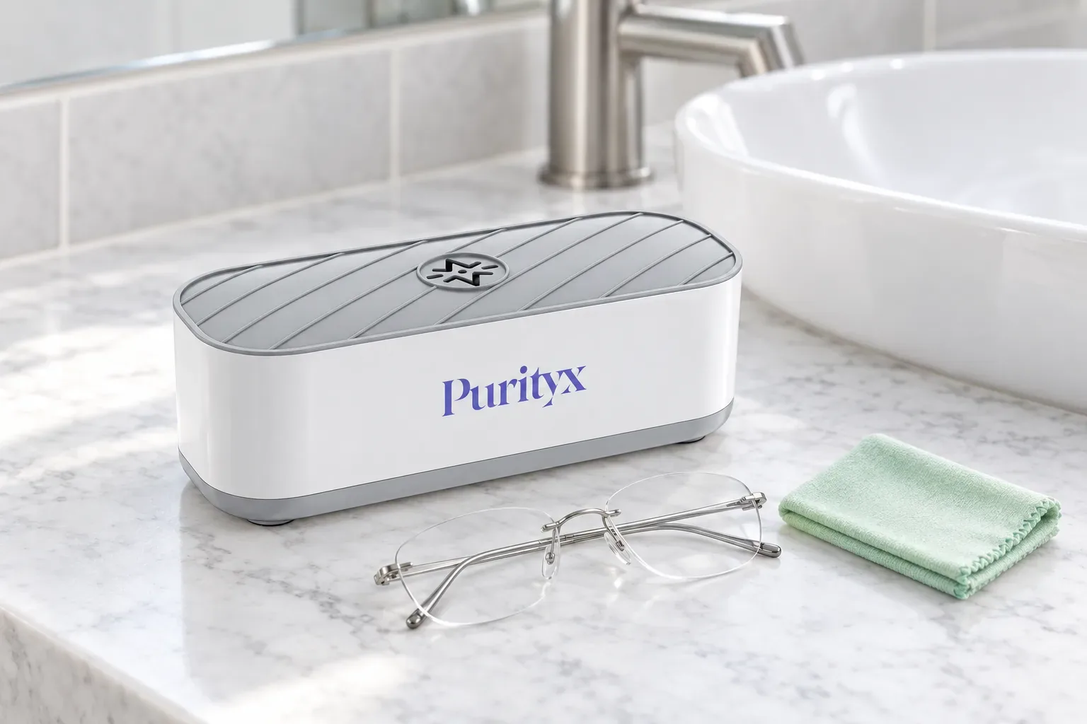 The PurityX cleaner closed beside rimless glasses and a cloth