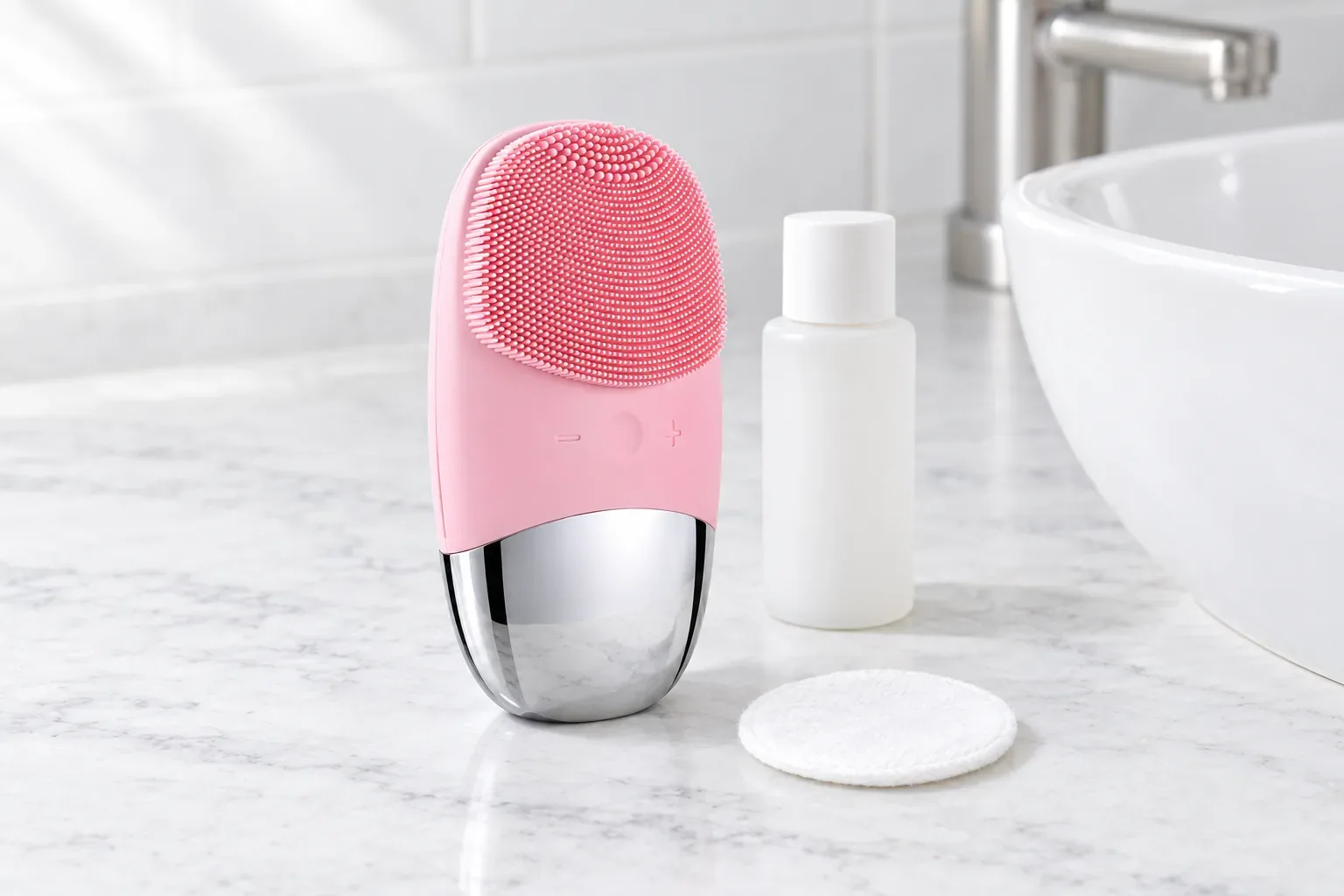 The VibePure sonic facial brush beside a cotton pad on a marble counter