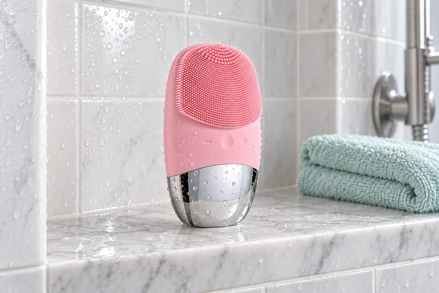 The VibePure brush standing wet in a tiled shower niche