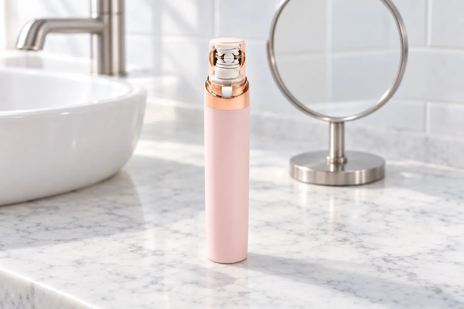 The EpiGlow facial epilator standing with its cap on beside a round mirror on a marble counter