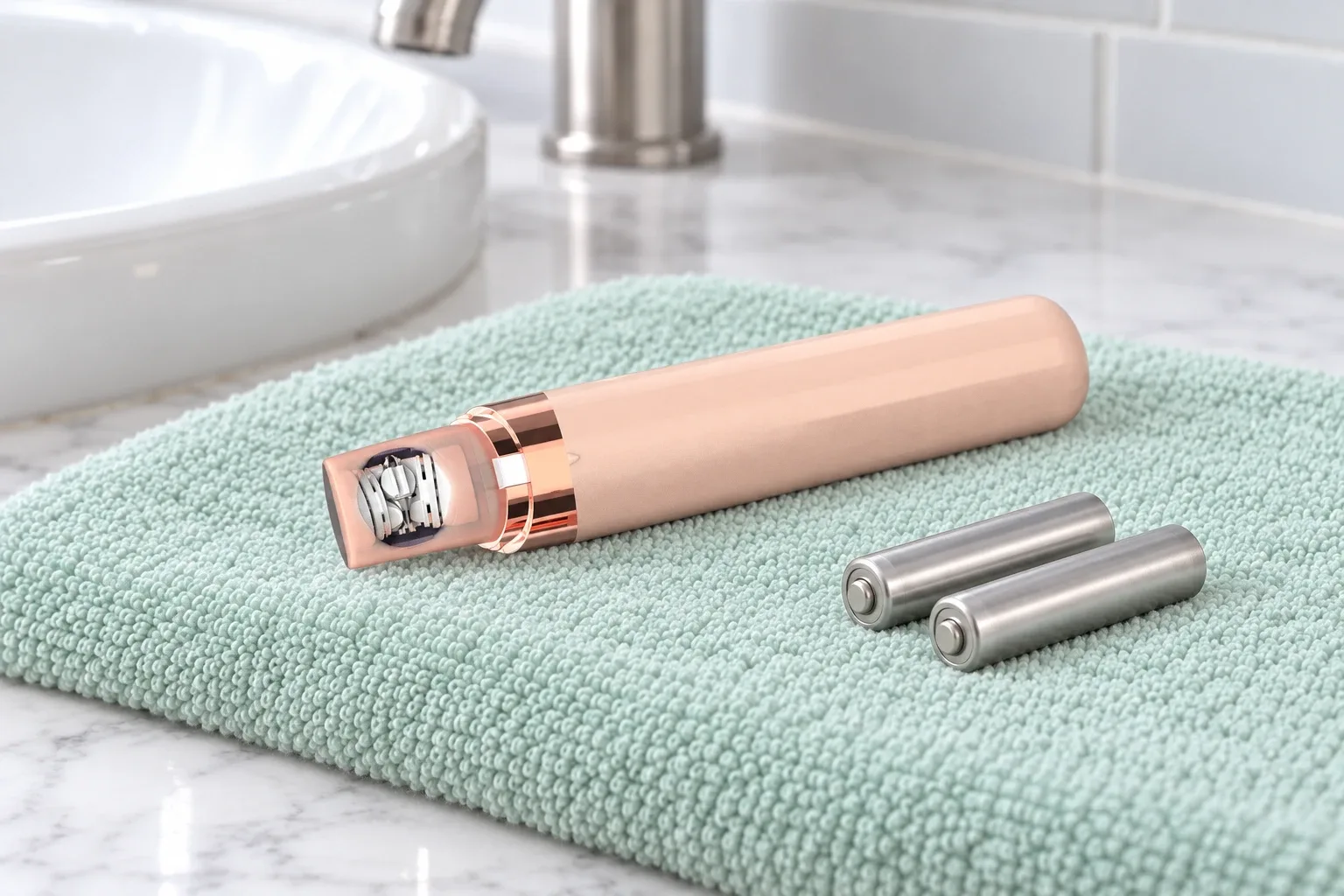 The EpiGlow lying beside two batteries on a mint towel