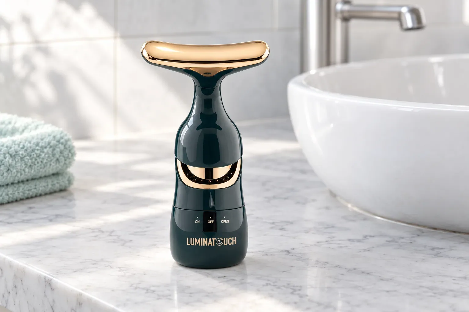 The LuminaTouch facial massager standing on a marble counter