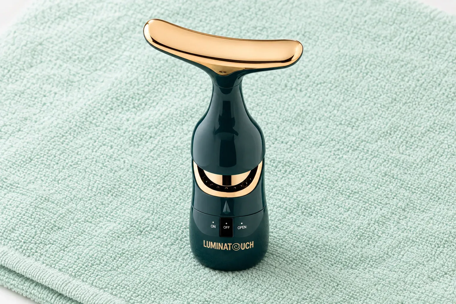 The LuminaTouch standing upright on a folded mint towel, its gold dolphin-tail head on top