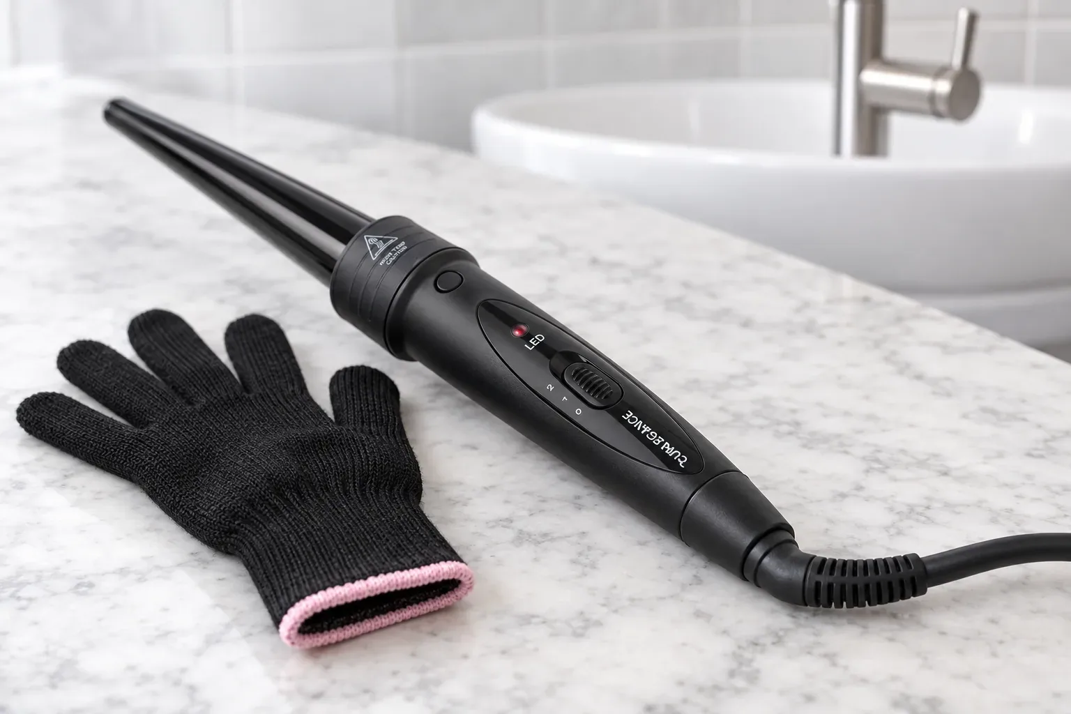 The Curlegance wand low on the counter with its glove and swivel cord, the basin behind