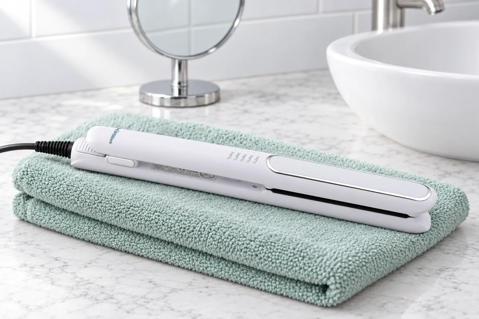 The HeatBliss closed on a folded mint towel, its cord coiled behind it, a round mirror beyond