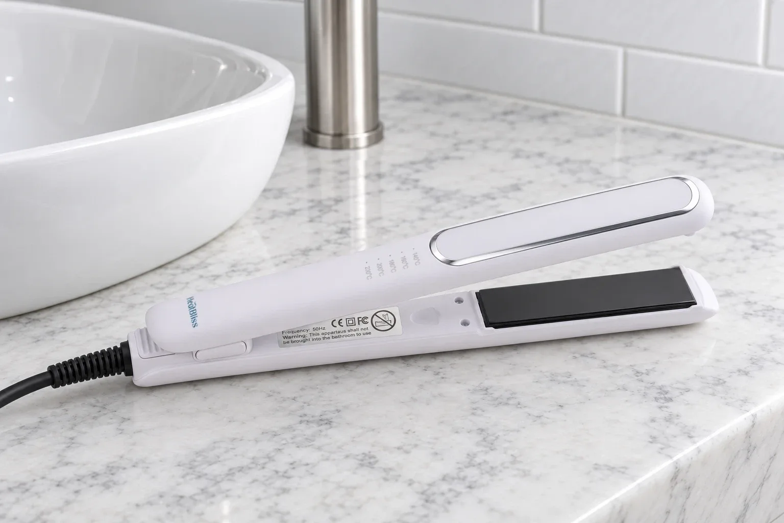 The HeatBliss open on a marble counter, its printed temperature scale and black plate seen close up