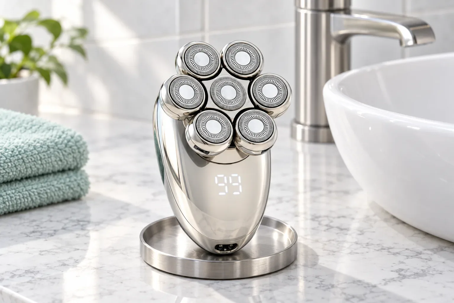 The BarberScape head shaver standing on a steel tray beside a basin