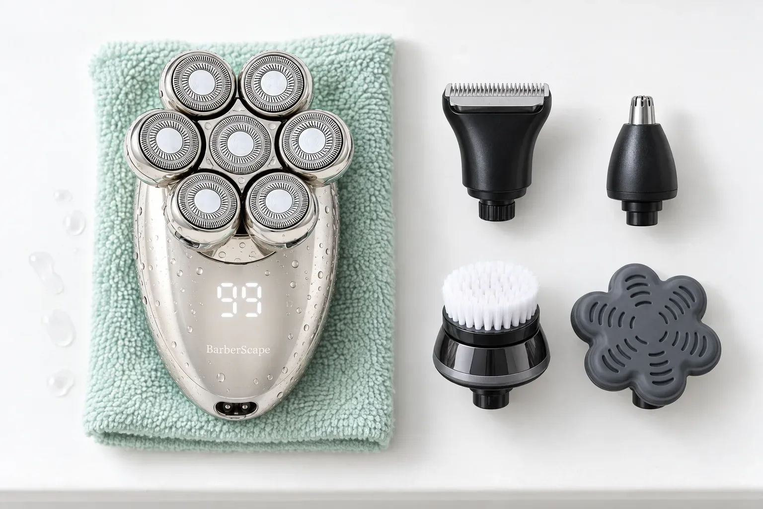 The wet BarberScape seen from above on a folded mint towel, its four attachment heads beside it on a white shelf