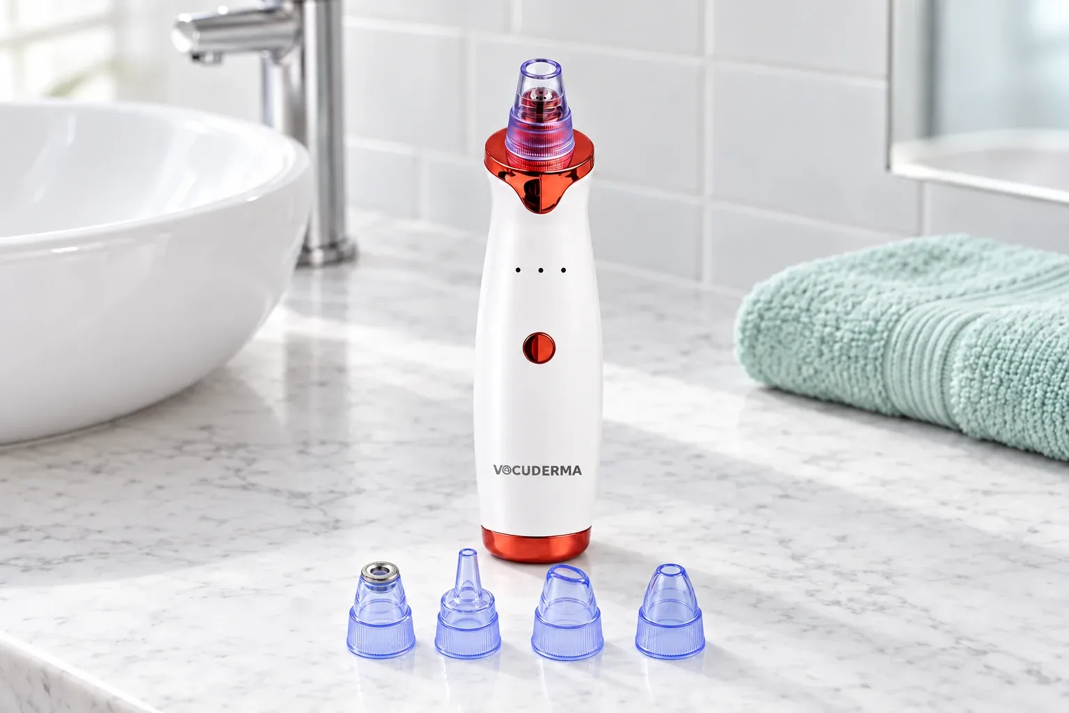 The VacuDerma pore vacuum standing with its four spare heads on a marble counter