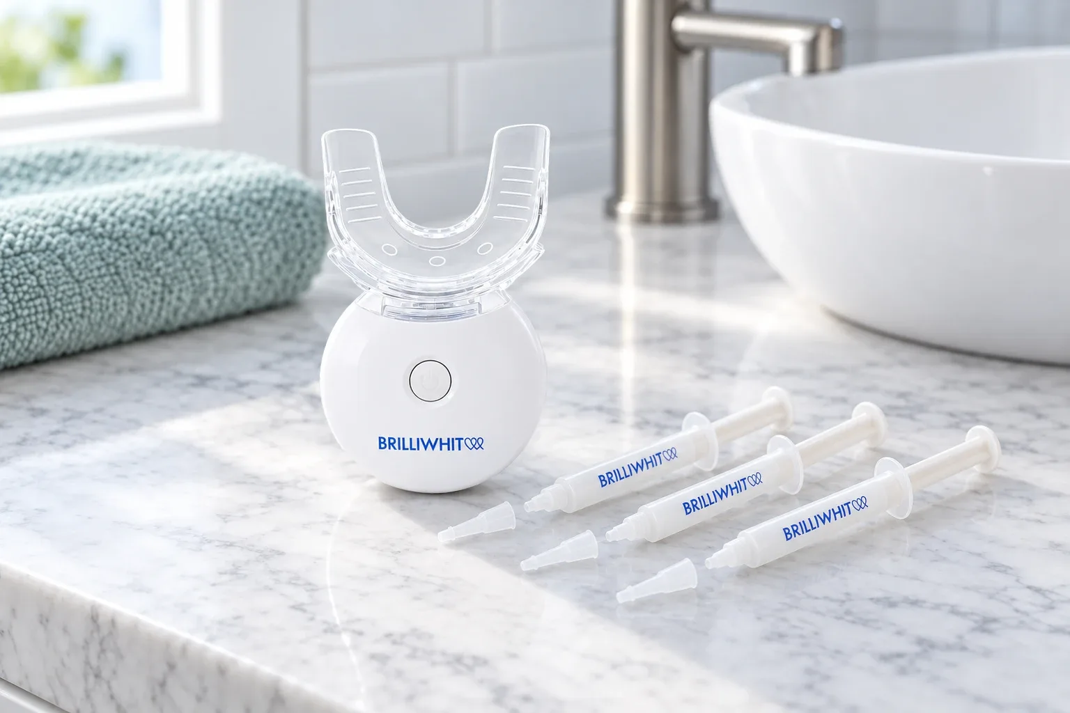 The BrilliWhite LED mouthpiece and gel syringes on a marble counter